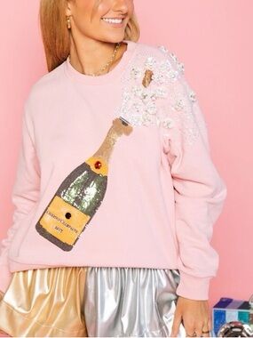 Queen of Sparkles Pink Sequin Champagne Bottle Sweatshirt NWT